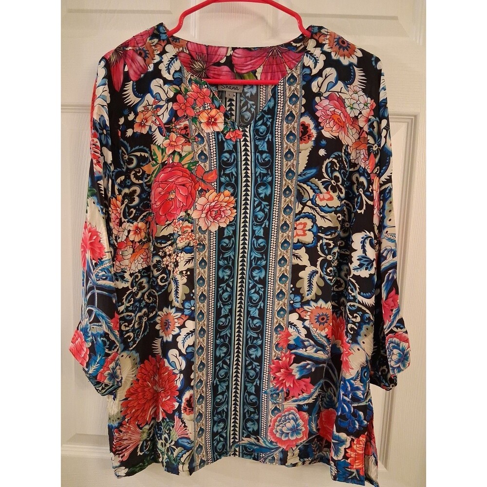 SHANA Womens Silk Viscose Floral Tunic Large Boho V-Neck Blue  Black Geometric
